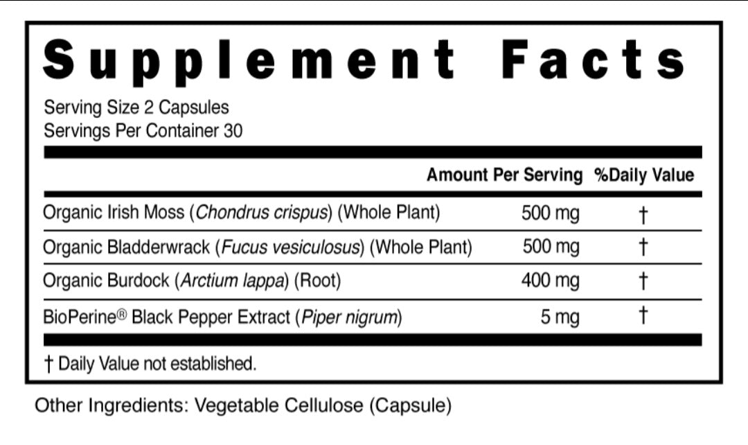 1 Month Supply - Organic Sea Moss, Bladderwrack & Burdock Root Vegan Capsules